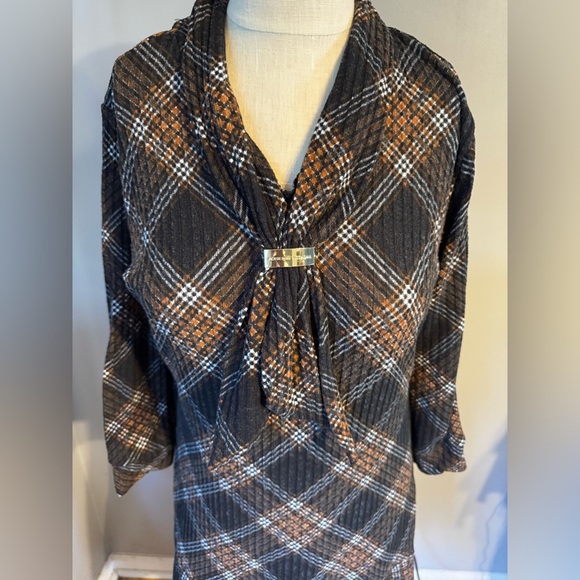 Adrienne Vittadini Brown Plaid Tie Neck Academia Lightweight Sheath Dress Sz M - Picture 4 of 12